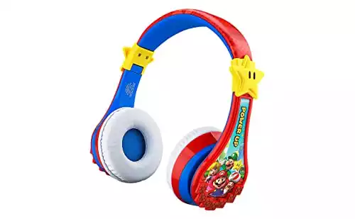 Super Mario Wireless Bluetooth Portable Kids Headphones with Microphone, Volume Reduced to Protect Hearing Rechargeable Battery, Adjustable Kids Headband for School Home or Travel