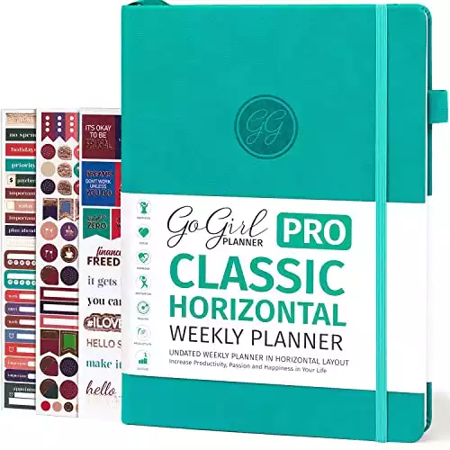 GoGirl Planner PRO - Undated Horizontal Layout Weekly Planner and Organizer + Budgeting and Expense Tracking Pages, Goals Journal & Agenda, 7" x 10" Hardcover, Lasts 1 Year - Turquoise