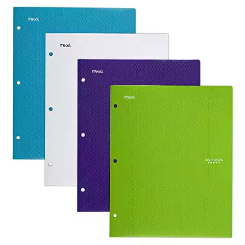 Five Star 2-Pocket Folders, 4 Pack, Plastic Folders with Stay-Put Tabs and Prong Fasteners, Fits 3-Ring Binder, 11” x 8-1/2”, Assorted Colors (38065)