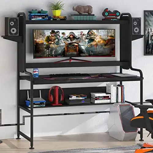 Tribesigns Gaming Desk with Monitor Stand, Computer Desk with Hutch and Storage Shelves ，47 inches Gamer Desk Home Office Table