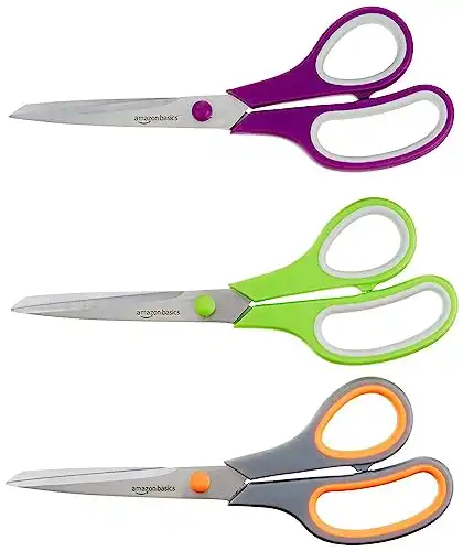 Amazon Basics Multipurpose, Comfort Grip, PVD Coated, Stainless Steel Office Scissors, 3-Pack, Purple, Green & Gray