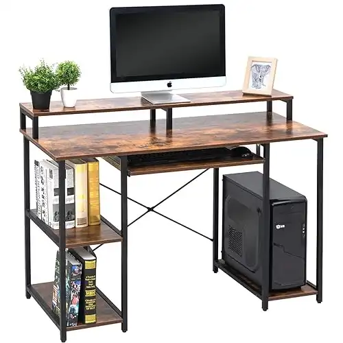 TOPSKY Computer Desk with Storage Shelves/23.2” Keyboard Tray/Monitor Stand Study Table for Home Office(46.5inch, Rustic Brown)