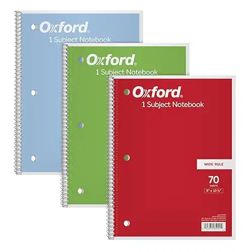 Oxford 1-Subject Notebooks, 8" x 10-1/2", Wide Rule, 70 Sheets, 3 Pack, Color Assortment May Vary (65029)