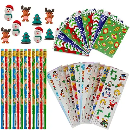 Favonir Christmas Stationary Party Favor Collection 48 Set – Pencils – Notebooks – Assorted Novelty Stickers – 3D Rubber Xmas Character Erasers – Reward Prizes, Carnival Events
