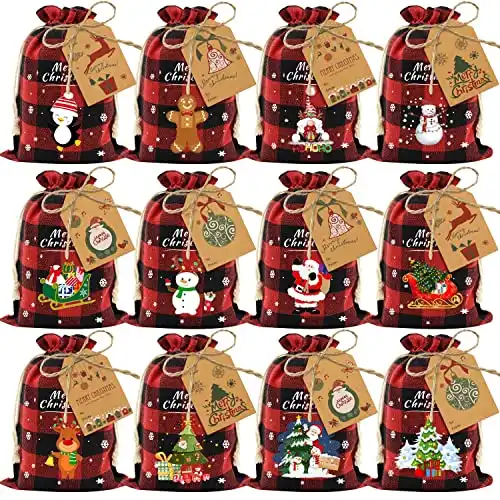 36Pcs Cotton Christmas Drawstring Bags Buffalo Plaid Xmas Gift Bags Cotton Xmas Candy Bags Small Christmas Fabric Bags Goody Gift Bags Treat Sacks Reusable Gift Wrapping Bags Holiday Party Favors Bags...