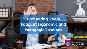 Person participating in a virtual class with ergonomic seating and interactive learning tools, representing strategies for combating Zoom fatigue