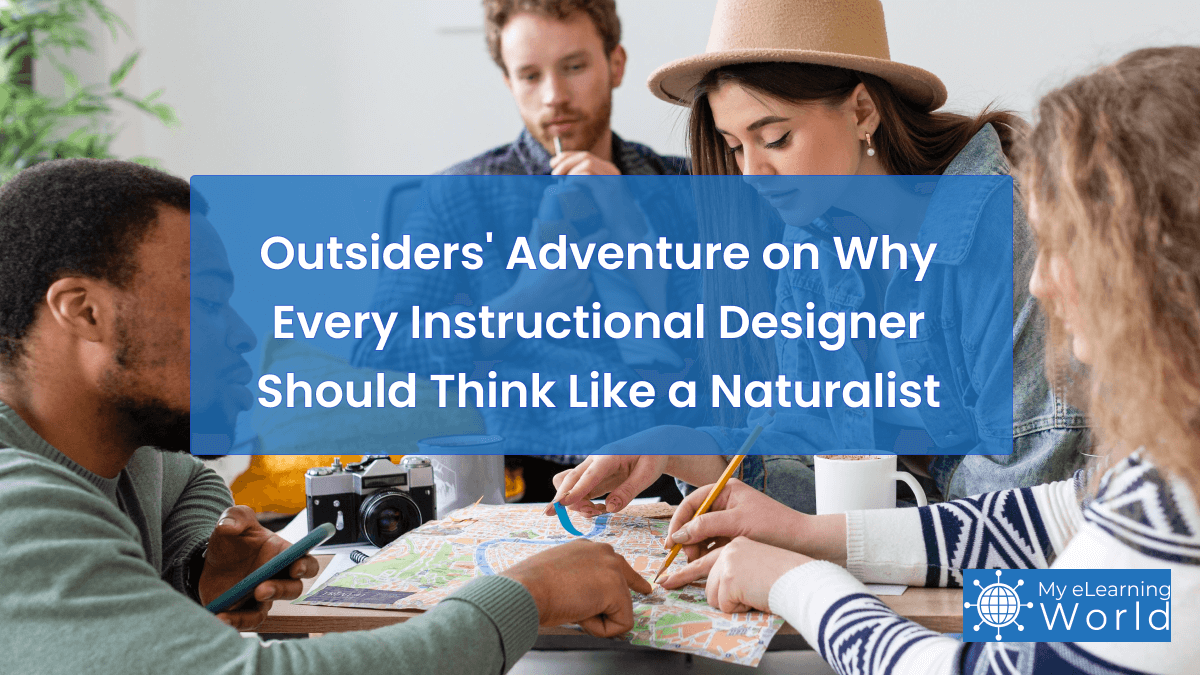 Instructional designer taking notes outdoors, surrounded by nature