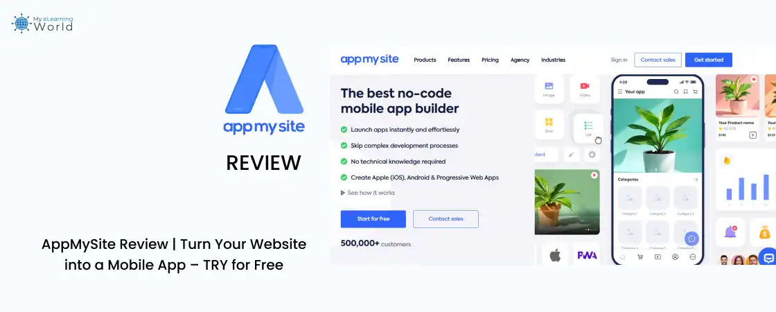 Business owner showcasing a mobile app and website side-by-side, promoting AppMySite’s app builder.